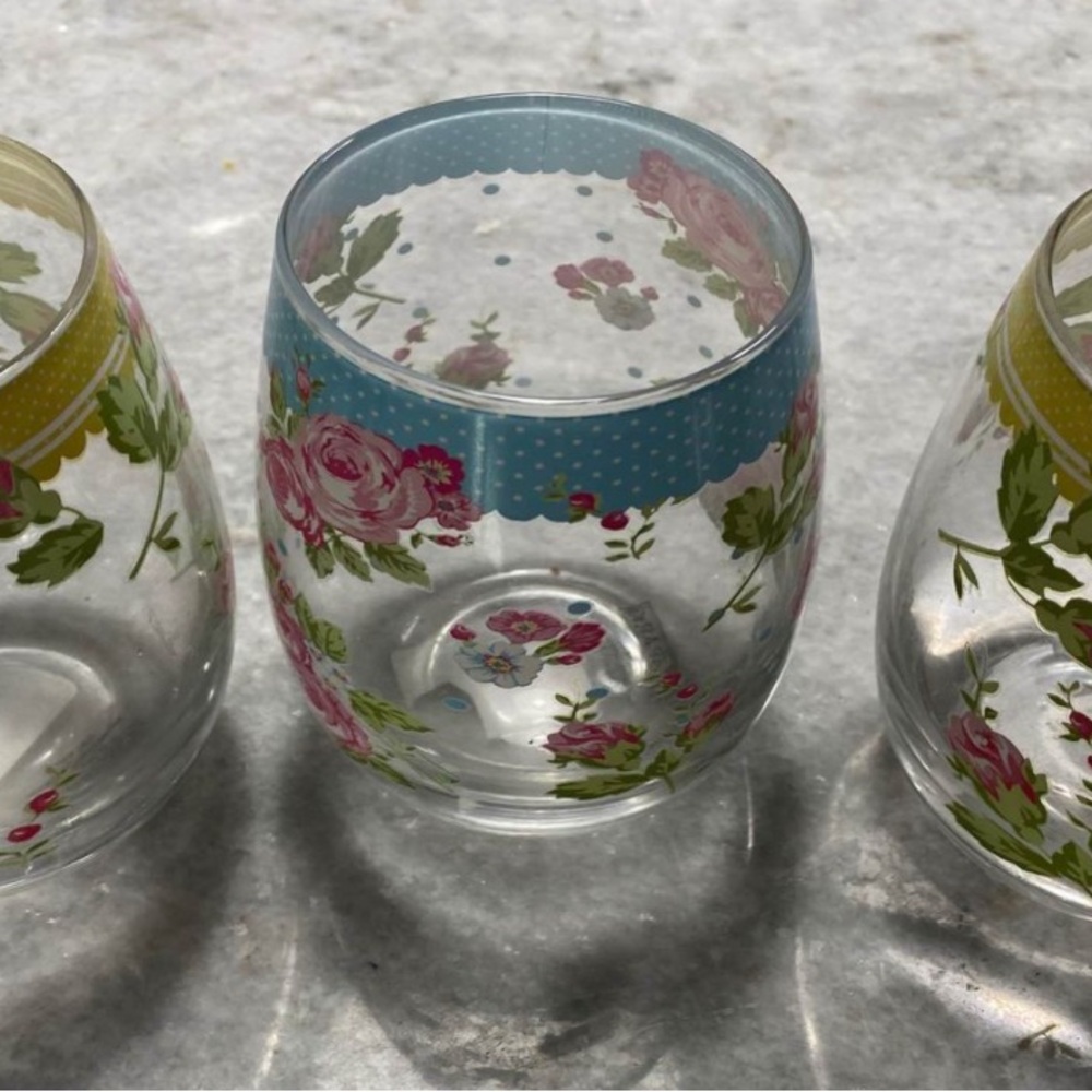 208 Park (3) Floral Glass Tumblers Set with Blue and Yellow Accents